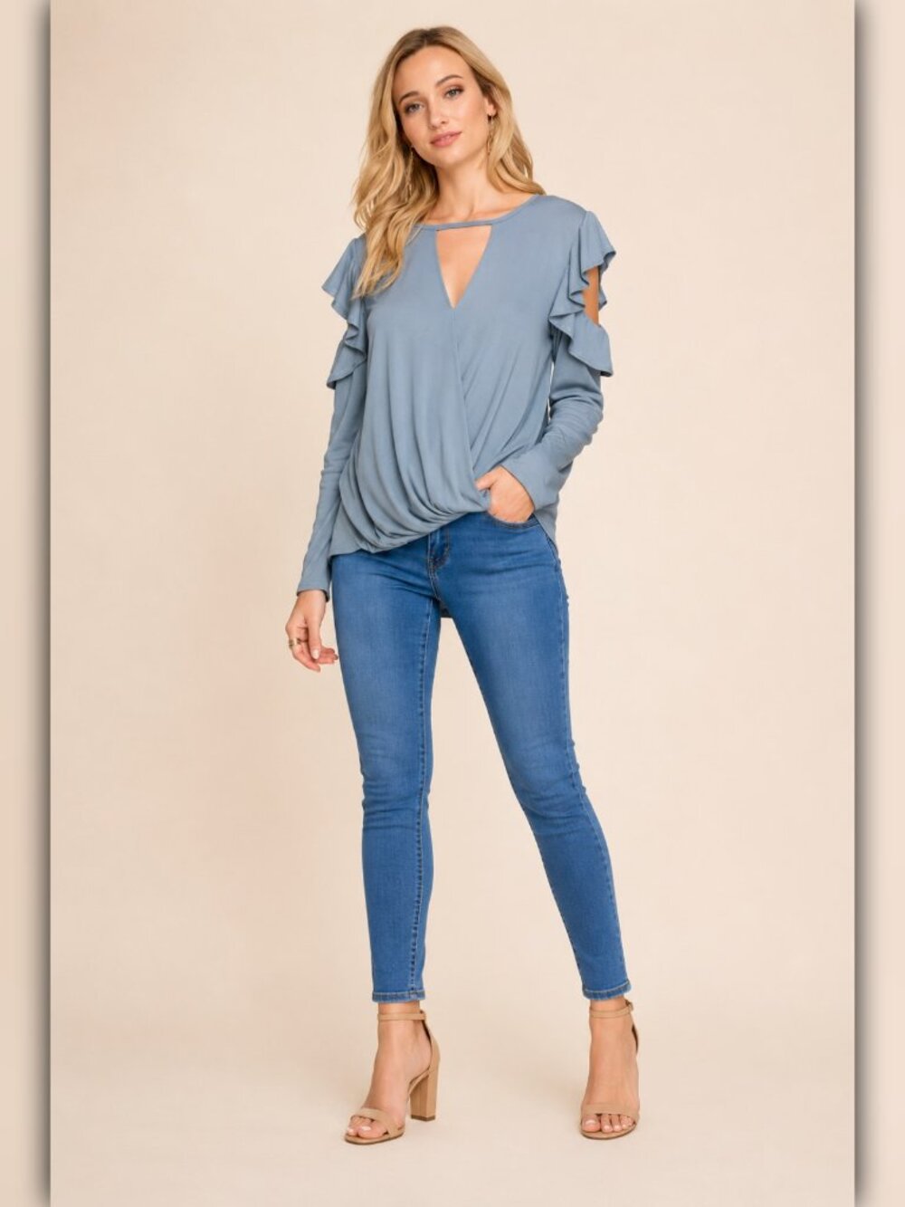 * A124 • Dusty Blue Ruffle Cold Shoulder Surplice Long Sleeve Top